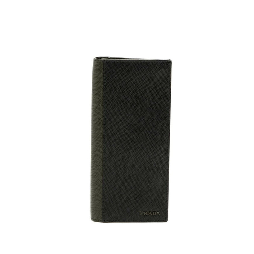 Prada Long Wallet Black Green Saffiano Leather